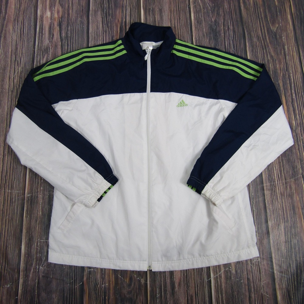 Vintage Adidas Jacket Mens Large White Navy‎ 3 Stripes Track Windbreaker 2000s